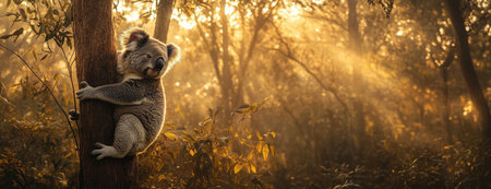 Koala Climbing Tree in Sunlit Forestの素材