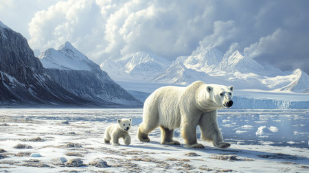 Polar Bear with Cub Walking Through Snowy Mountainsの素材