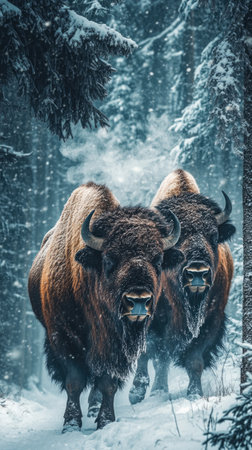Pair of Bison Walking Through a Snowstorm in the Wildernessの素材