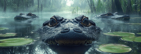 Group of Crocodiles Swimming in a Misty Swampの素材