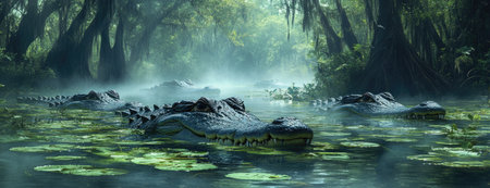Crocodiles in a Lush Swamp with Floating Lily Padsの素材