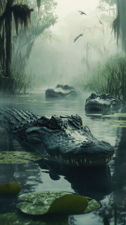 Crocodiles in a Lush Swamp with Floating Lily Padsの素材