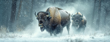Pair of Bison Walking Through a Snowstorm in the Wildernessの素材