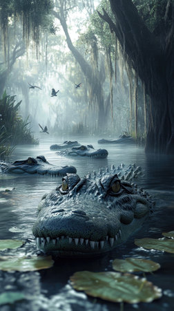 Crocodiles in a Lush Swamp with Floating Lily Padsの素材