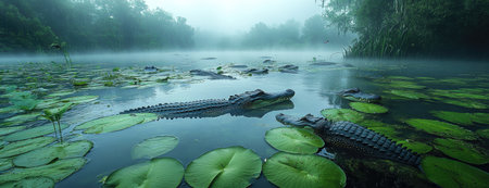 Group of Crocodiles Swimming in a Misty Swampの素材