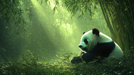 Giant Panda in Bamboo Forest with Sun Raysの素材