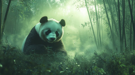 Giant Panda Resting in Dense Bamboo Jungleの素材