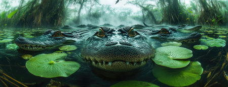 Group of Crocodiles Swimming in a Misty Swampの素材