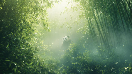 Giant Panda Resting in Dense Bamboo Jungleの素材