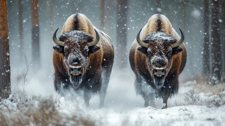 Majestic Bison in a Snowy Forest Path with Winter Atmosphereの素材