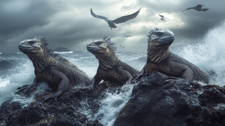 Iguanas on Rocky Shore with Ocean Waves Crashingの素材
