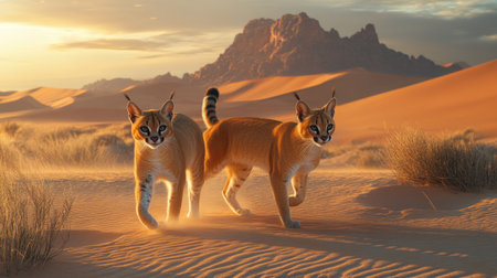 Two Caracals Walking in Desert Environmentの素材