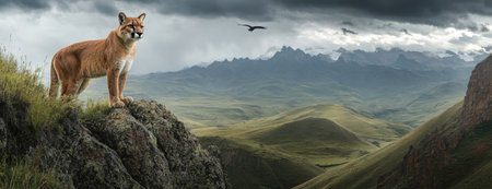 Mountain Lion Sitting on Cliff Edge with Birds Flying in the Backgroundの素材
