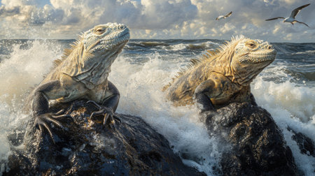 Iguanas on Rocky Shore with Ocean Waves Crashingの素材