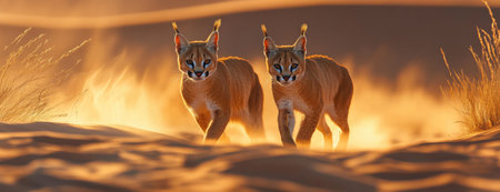 Two Caracals Walking in Desert Environmentの素材