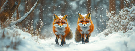 Pair of Red Foxes Walking in Snowy Forest During Winter"の素材