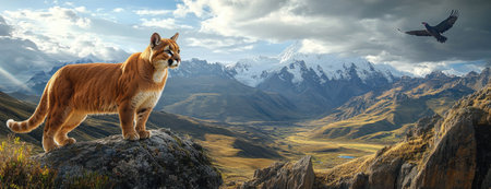 Mountain Lion Sitting on Cliff Edge with Birds Flying in the Backgroundの素材