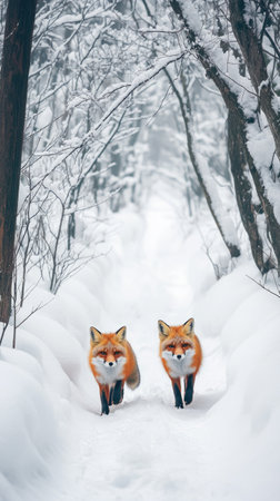 Two Red Foxes in a Snowy Forest with Autumn Leavesの素材