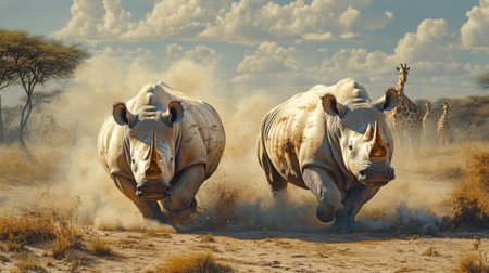 Rhinos Charging through the Dry Landscape with Giraffes in the Backgroundの素材