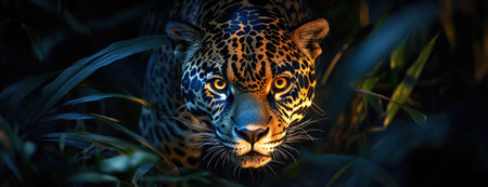 Jaguar Close-Up in Jungle with Intense Gaze at Nightの素材