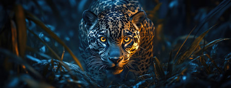Jaguar Stalking Through Jungle at Night with Glowing Eyesの素材