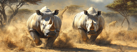 Rhinos Charging through the Dry Landscape with Giraffes in the Backgroundの素材