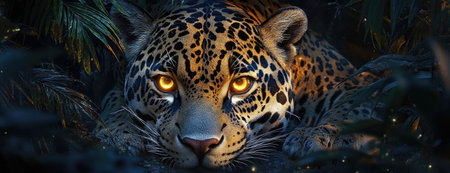 Jaguar Close-Up in Jungle with Intense Gaze at Nightの素材