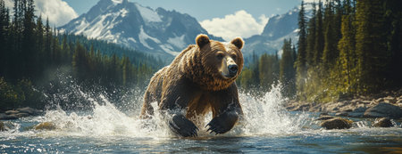 Grizzly Bear Charging Through River in Wildernessの素材