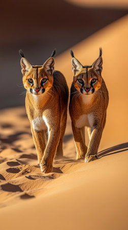 Two Caracals Walking on Sand Dunesの素材