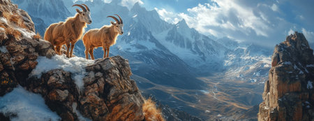 Mountain Goat Standing on a Rocky Cliff in Snow-Covered Peaksの素材