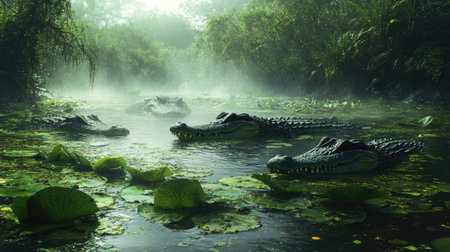 Group of Crocodiles Swimming in a Misty Swampの素材