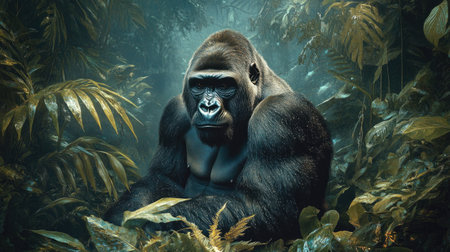 Majestic Gorilla Sitting in Rainforestの素材