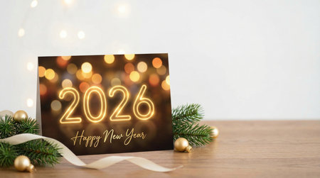 Happy New Year 2016. Christmas greeting card with golden lights bokeh backgroundの素材