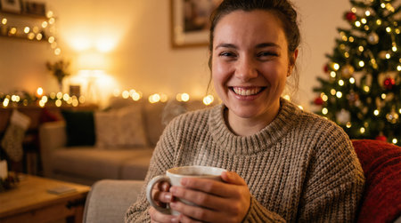 Portrait of a smiling young woman holding a cup of coffee at homeの素材