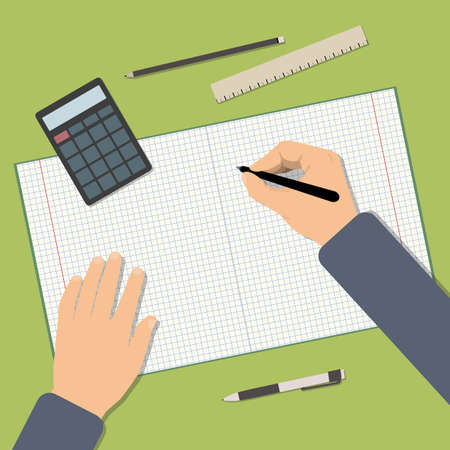 Back to school. Back to education. Flat vector illustration of Working student table. Top view of table with notebook, pen, calculator, ruler. Concepts for education and promotional materialsのイラスト素材