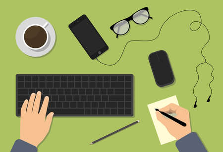 Top view of flat vector design illustration of modern business desk, workspace. Workspace concepts for education, management, strategy, digital marketing, finance, social network, businessのイラスト素材