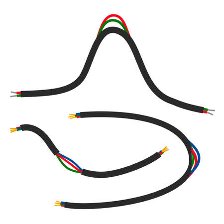 Broken wire flat vector illustration. Cable break disconnect concept. Damaged electrical cable. Torn wire with bare wiresのイラスト素材