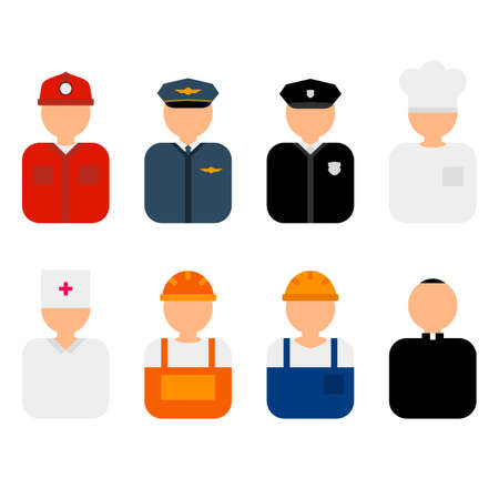 Professions flat characters vector illustration. Profession avatars icons set. Set of colorful profession people flat style icons without faces. Doctor, policeman, fireman, cook, priest, workerのイラスト素材