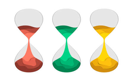 Hourglass flat vector illustration paper cut. Set of sand-clock with colored sand. The concept of time for printing or banner, paper art style.のイラスト素材