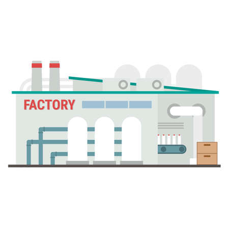 Factory building icon flat vector illustration. Industrial manufacturing building with pipes and conveyor isolated on white background. Concept of manufacturing with the final product as a resultのイラスト素材
