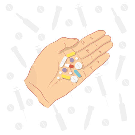 Man holding pills in his hand. Healthcare and pharmacy concept.のイラスト素材