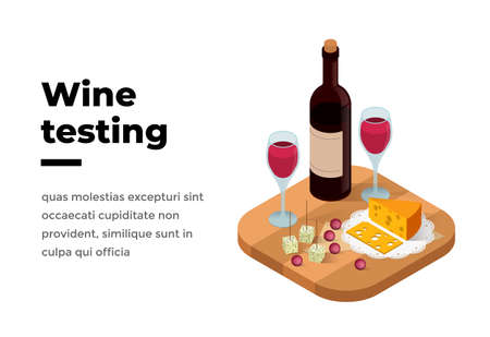 Wine tasting banner isometric vector illustration. Wine shop or degustation concept.のイラスト素材