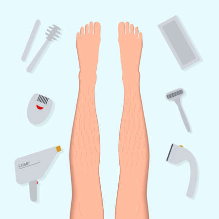 Banner concept with the types and methods of hair removal. Contour of a female foot in a paper art style flat vector illustration.のイラスト素材