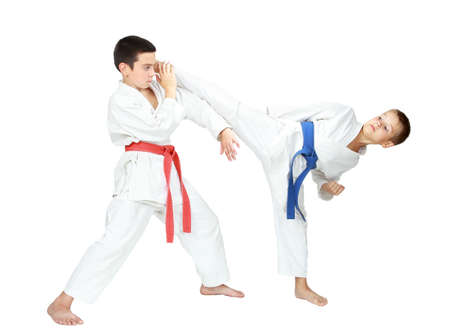 One athlete beat kick leg the second makes the block isolatedの写真素材