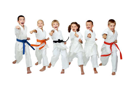 On a white background six athletes hit a punch armの写真素材