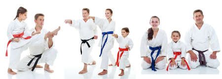 Family karate athletes shows on the white background collageの写真素材