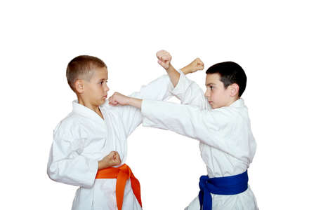 Young athletes train karate techniquesの写真素材