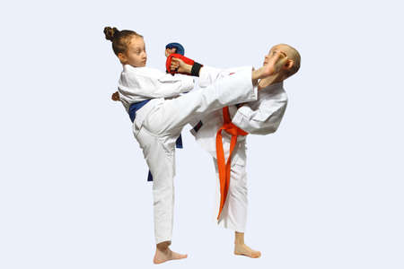 Sportsmen with overlays on hands are training hitting  mawashi geriの写真素材