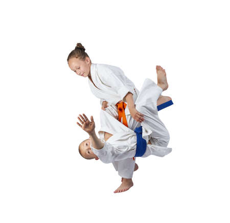 Children athletes train judo throwsの写真素材