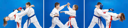 Children are training karate blows and blocks collageの写真素材